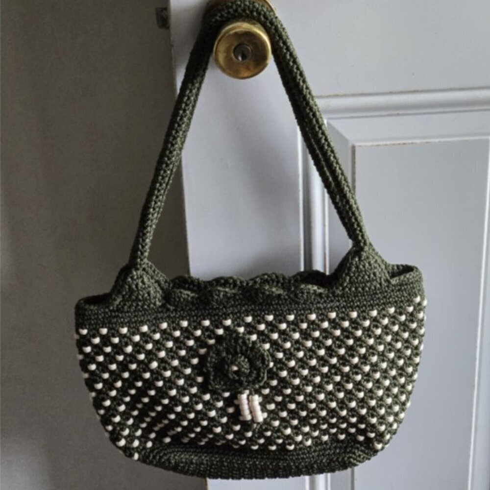 Handwoven Olive Green Tote Bag with White Beads Embellishments Textured Stitch